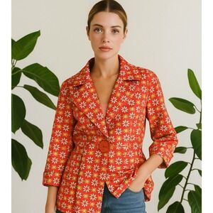3 Sisters Daisy Print Blazer Jacket Orange Pink Yellow 3/4 Sleeve Button Front L